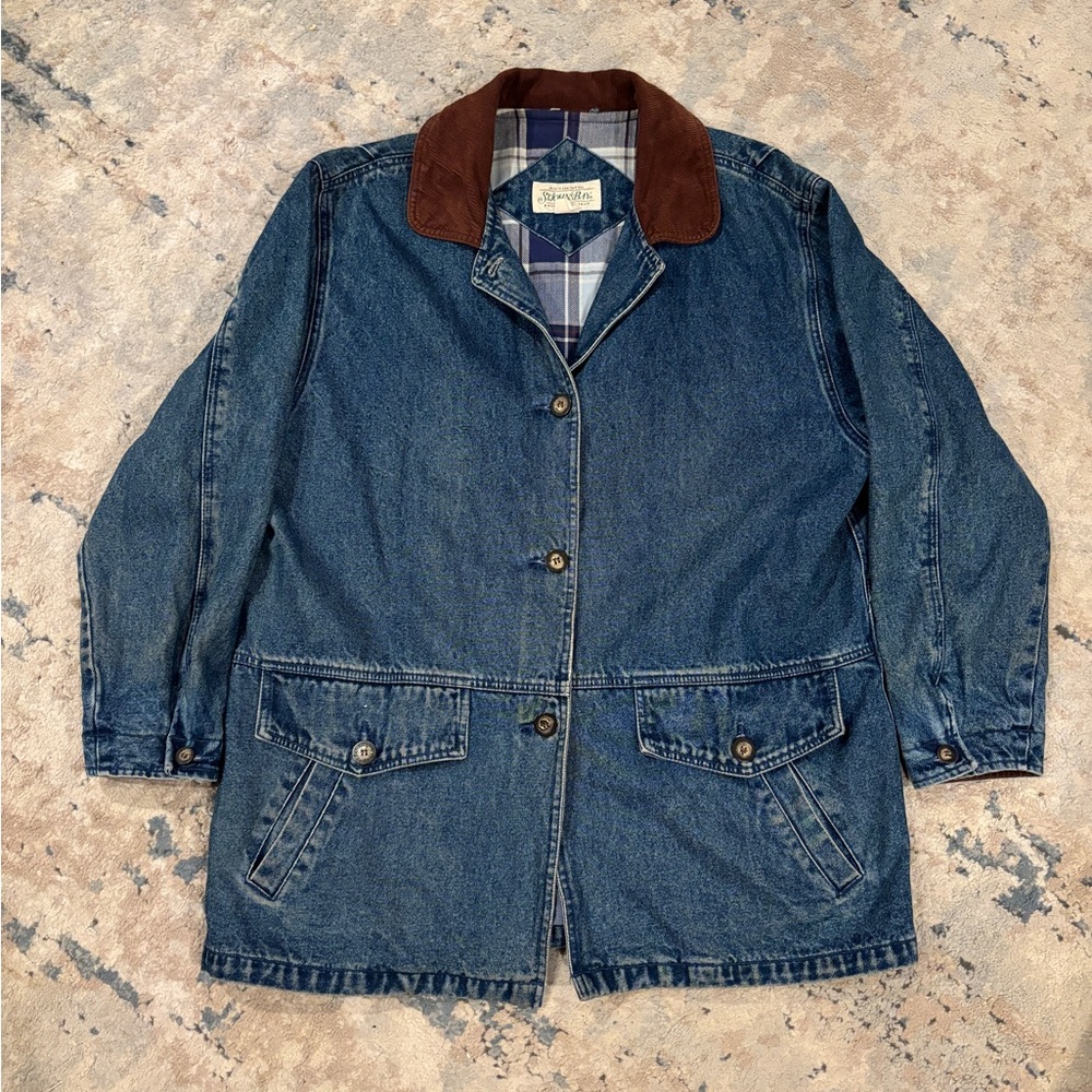 Flannel lined button up denim jacket with corduroy collar